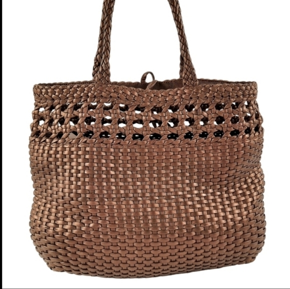 SALVATORE FERRAGAMO Gancini Bronze Woven Leather Top Handle Tote Shoulder Bag - Picture 7 of 10